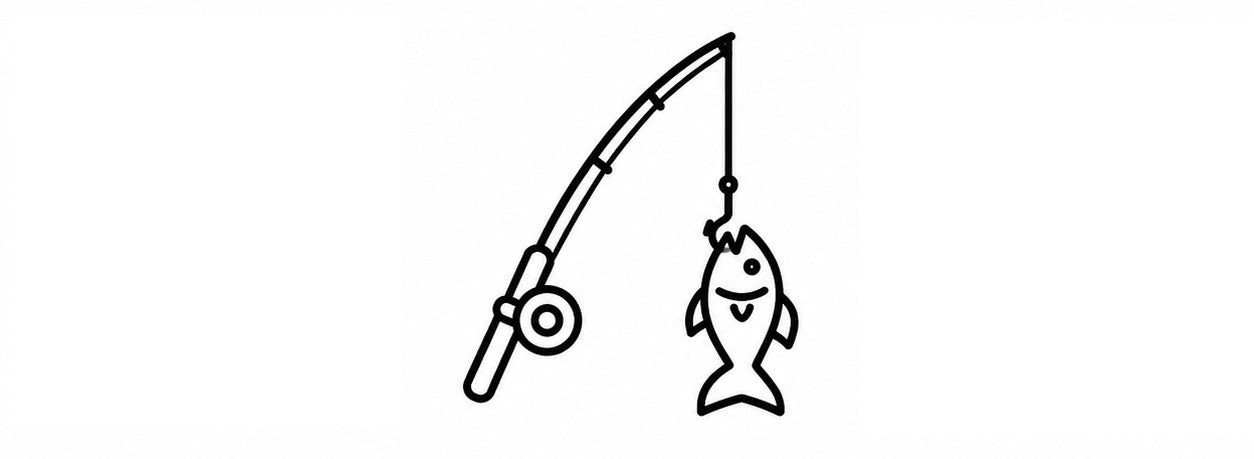 A simple black line drawing of a fishing rod with a fish hanging from the hook, centered on a plain white background.