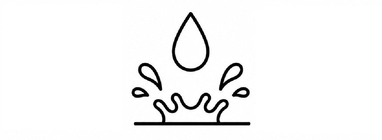 A minimalist black line icon depicting a dripping water droplet and splashes on a solid white background.