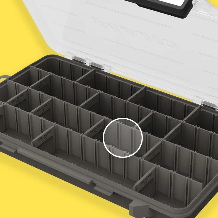 Close-up of a grey organised plastic storage organiser tray with a white circle highlighting that the tray can be configured from 4-64 individual compartments